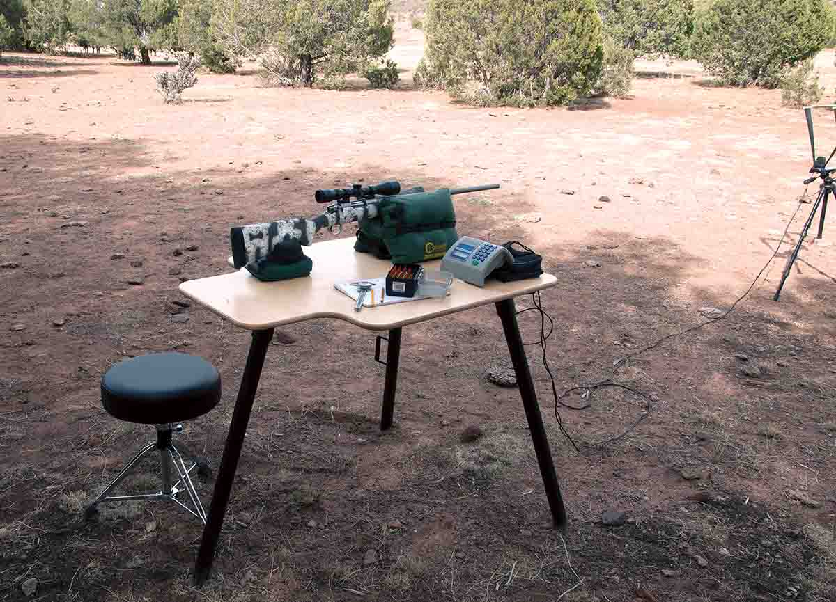 For portability, the top of the Stukeys Sturdy Shooting Bench is 32 inches wide and 40 inches deep. It provides plenty of space for a chronograph. A very comfortable shooter’s seat is optional.